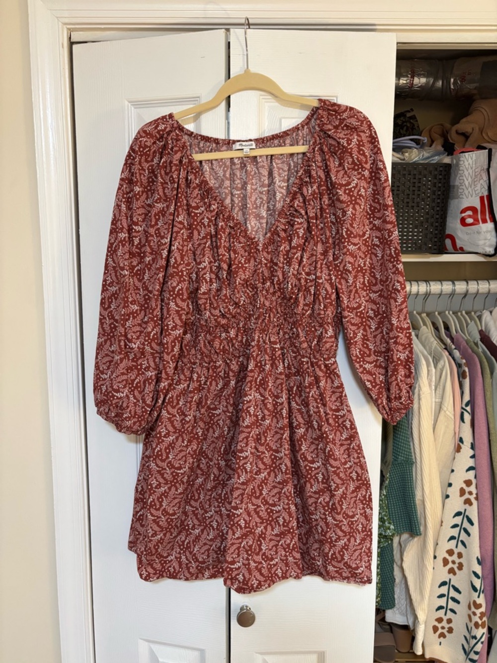 Madewell Rust Red Printed V-Neck Mini Dress